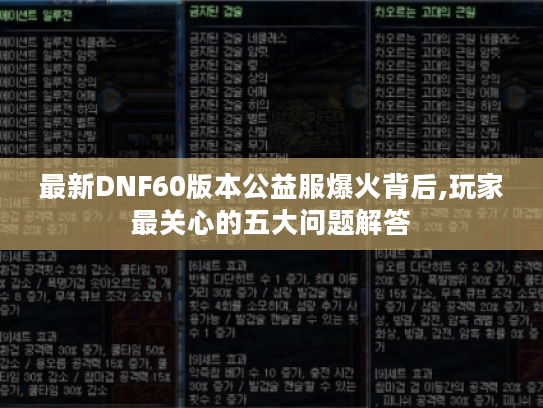 最新DNF60版本公益服爆火背后,玩家最关心的五大问题解答 最新DNF60版本公益服爆火背后,玩家最关心的五大问题解答